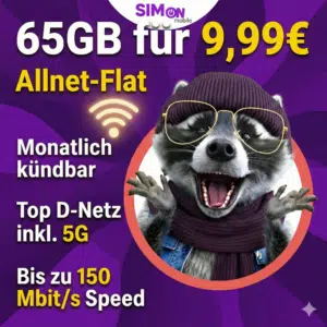 Thumbnail 🦝 SIMon mobile Winter Wonder Deals noch besser mit Code: mtl. kündbare 65GB 5G Vodafone Allnet ab 9,99€ mtl. ❄️ 150 Mbit/s Speed