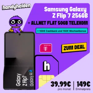 Thumbnail Eff. Gratis! 😱 Samsung Galaxy Z Flip 7 (256GB) für 149€ + 100€ Cashback + 150€ Wechselbonus + 50GB 5G/LTE Telekom Allnet für 39,99€/Monat + 0€ AG (freenet Telekom Allnet)