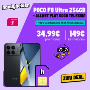 Thumbnail Xiaomi POCO F8 Ultra (256GB) für 149€ + 100€ Cashback + 150€ Wechselbonus + 50GB 5G/LTE Telekom Allnet für 34,99€/Monat + 0€ AG (freenet Telekom Allnet)