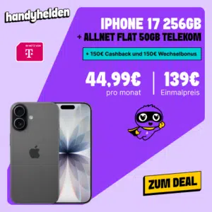 Thumbnail Eff. nur 0,94€ pro Monat! 😀 Apple iPhone 17 (256GB) für 139€ + 150€ Cashback + 150€ Wechselbonus+ 50GB 5G/LTE Telekom Allnet für 44,99€/Monat + 0€ AG (freenet Telekom Allnet)