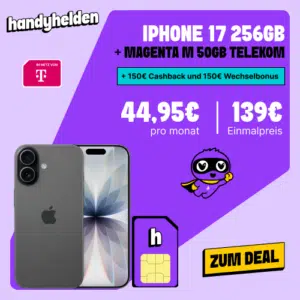Thumbnail Apple iPhone 17 (256GB) für 139€ + 50GB LTE/5G Allnet für 44,95€/Monat + 150€ Cashback + 150€ Wechselbonus + 0€ AG (Freenet Telekom Magenta M)