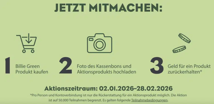 Billie Green gratis testen: Die Aktion, Schritt für Schritt erklärt in der Grafik
