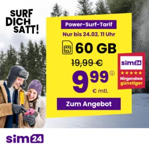 Thumbnail mtl. kündbare 5G Allnet mit 60GB für 9,99€/Monat 💪 uvm. (SIM24 im 1&amp;1-Netz)