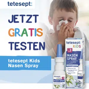 tetesept gratis testen Aktion: Im Bild ein Kind mit Schnupfen, davor das Aktionsprodukt, tetesept Kids Nasenspray
