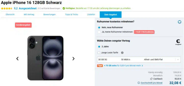 Apple iPhone 16 Congstar Handytarif