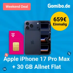 Thumbnail Apple iPhone 17 Pro Max (256GB) für 659€ + 30GB LTE/5G Allnet für 39,95€/Monat + 240€ Cashback (Telekom Magenta Mobil S)