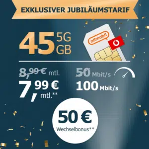 Thumbnail 💥 SIM-Only Kracher: 45GB 5G im Vodafone-Netz für effektiv 5,91€/Monat! (Allnet Flat Pro 45)