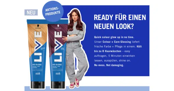 Schwarzkopf gratis testen Aktion: Frau neben zwei übergroßen Tuben des Aktionsprodukts. 