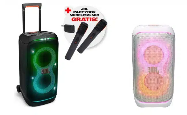 Zwei JBL Partybox 320 + Kabelloses Mikrofonset in Schwarz und Weiß