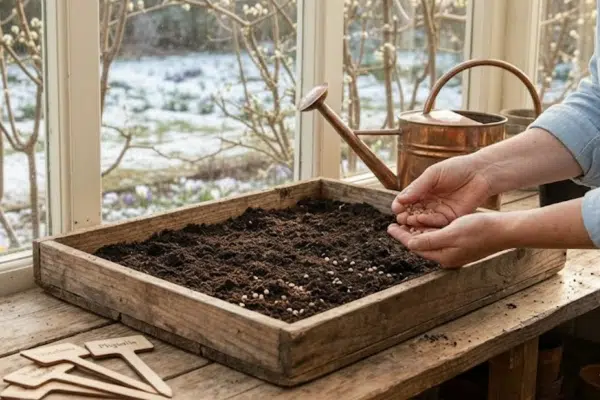 Physalis vorziehen: Physalis Aussaat in einem großen Gefäß mit Erde auf der Fensterbank, daneben eine Gießkanne