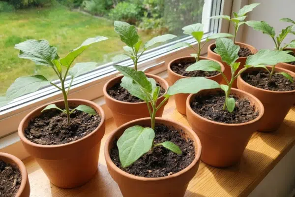 Aubergine vorziehen: Junge Auberginen Pflanzen in Töpfen auf der Fensterbank