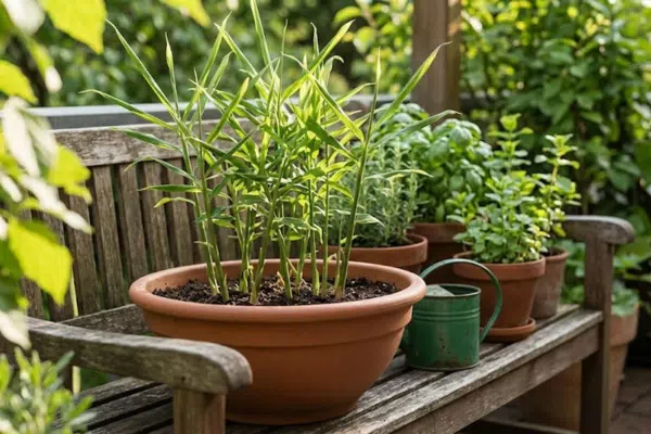 Ingwer selber ziehen: Im Sommer darf der Topf mit dem Ingwer nach draußen - hier ein Topf auf einer Gartenbank