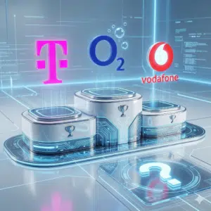 Mobilfunkanbiter auf dem Podium. Zu sehen sind die Logos von Telekom, o2 und Vodafone.