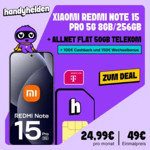 Thumbnail Xiaomi Redmi Note 15 Pro 5G für 49€ + 50GB Telekom für 24,99€ / Monatg + 100€ Cashback + 150€ Wechselbonus (Handyhelden Telekom)