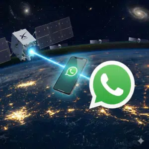Starlink Satellit schießt per Laser auf das Whatsapp-Logo, dazwischen ist ein Handy und die Erde ist im Hintergrund zu sehen.