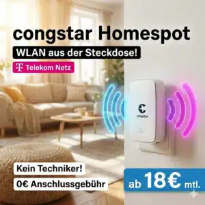 Werbebild für den congstar Homespot. Zu sehen ist der weiße Router, der direkt in einer Wandsteckdose steckt, vor einem gemütlichen Wohnzimmer-Hintergrund. Text-Elemente im Bild: 'congstar Homespot - WLAN aus der Steckdose!', 'Telekom Netz', 'Kein Techniker!', '0€ Anschlussgebühr' und der Preis 'ab 18€ mtl.'.