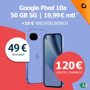 Thumbnail Eff. 145€ Ersparnis! 😱 Google Pixel 10a (128GB) für 49€ + 120€ Cashback + 50GB 5G/LTE Vodafone Allnet für 19,99€/Monat + 10€ Wechselbonus (otelo Allnet-Flat Classic)
