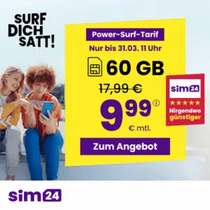 Thumbnail mtl. kündbare 5G Allnet mit 60GB für 9,99€/Monat 💪 uvm. (SIM24 im 1&amp;1-Netz)
