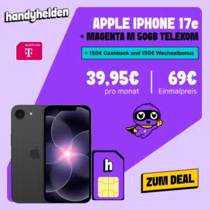 Thumbnail Apple iPhone 17e (256GB) für 69€ + 50GB LTE/5G Allnet für 39,95€/Monat + 150€ Cashback + 150€ Wechselbonus + 0€ AG (Freenet Telekom Magenta M)
