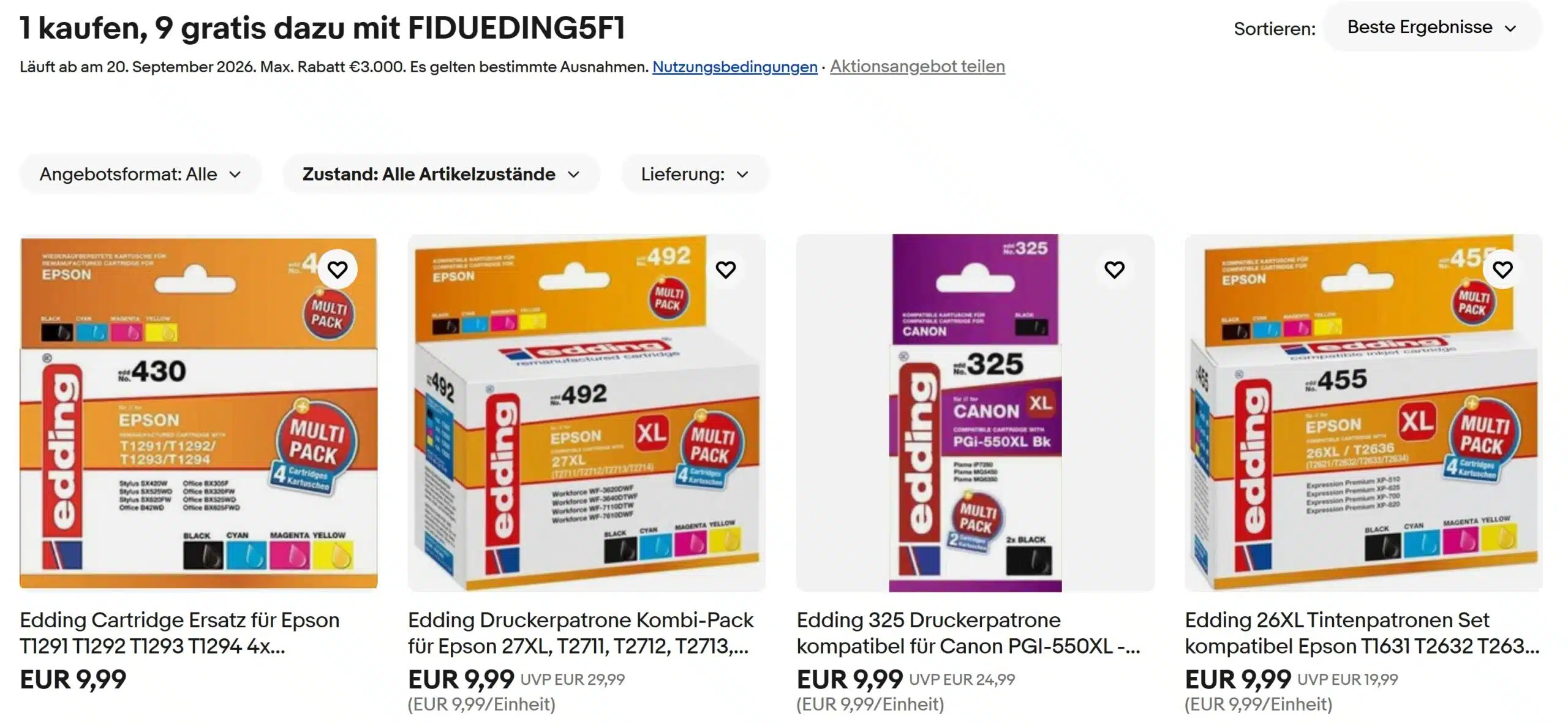 Edding Druckerpatronen Aktion vom Fiducia Shop bei eBay: Kauf 1, bekomme 9 gratis