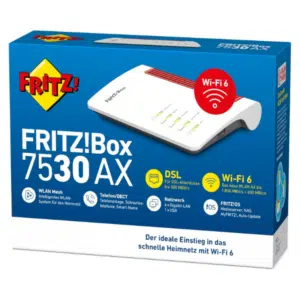FRITZ!Box 7530 AX: Ansicht der blau-weißen Verpackung mit Abbildung des weiß-roten Geräts