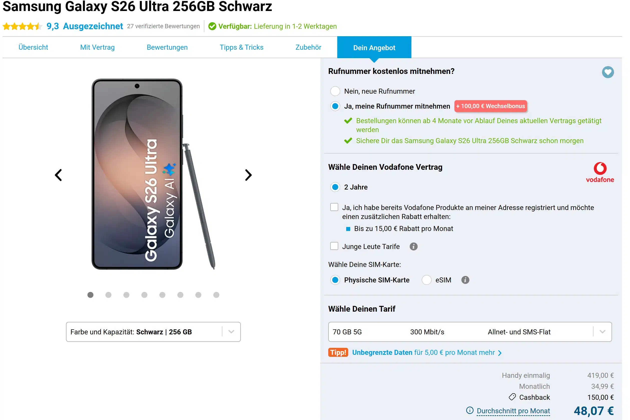 Tarif bei Gomibo mit dem Samsung Galaxy S26 Ultra + 70GB Vodafone Allnet