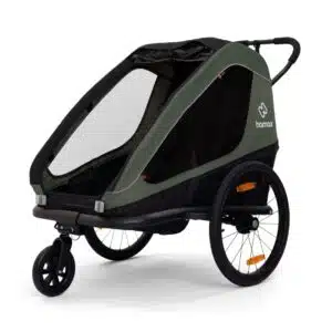 Kinder-Fahrradanhänger Hamax Ixplorer in Grün. Sicht von seitlich vorne.