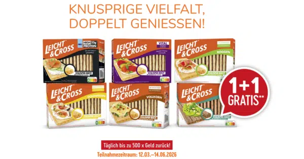 Leicht & Cross gratis testen Aktion: zwei Packungen kaufen, Geld für eine zurück erhalten: 6 verschiedene Packungen Leicht & Cross im Bild