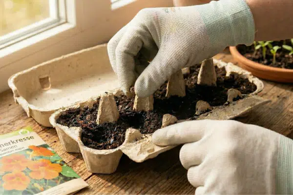Kapuzinerkresse vorziehen: Ein Eierkarton mit Anzuchterde auf einer Fensterbank, eine Hand legt einen Samen in die Erde