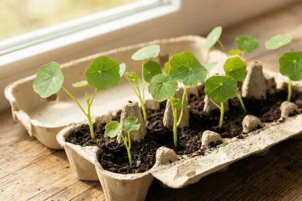 Kapuzinerkresse ziehen: Junge Keimlinge einige Zeit nach der Aussaat in einem Eierkarton mit Erde auf einer Fensterbank