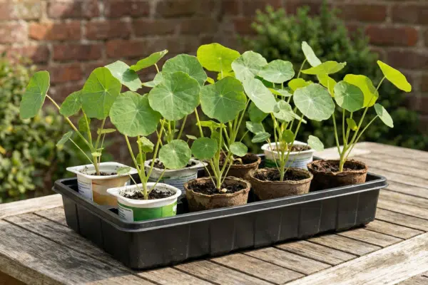 Kapuzinerkresse säen: Jungpflanzen in Töpfen auf einem Terrassentisch aus Holz