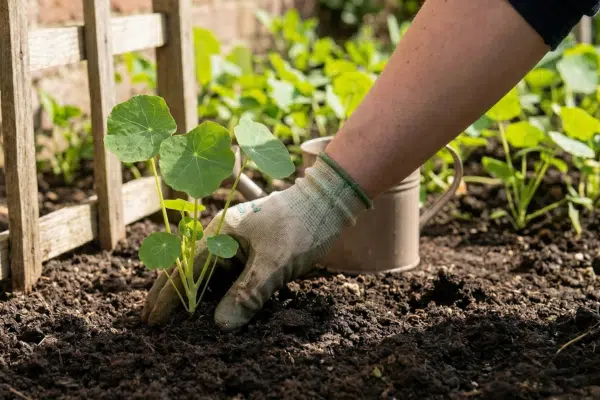 Kapuzinerkresse säen: Vorgezogene Pflanzen werden draußen an einem Zaun ins Beet gesetzt