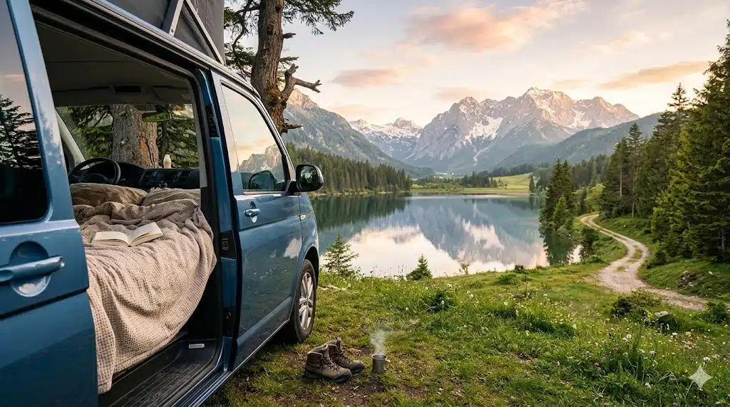 Fotorealistische Szene: Ein blauer Campervan steht mit offener Schiebetür an einem malerischen Bergsee. Im Inneren ist ein gemütliches Bett mit einem offenen Buch zu sehen. Davor auf der Wiese stehen Wanderschuhe und eine dampfende Tasse Kaffee. Im Hintergrund spiegeln sich majestätische, schneebedeckte Alpen im ruhigen Wasser bei Sonnenaufgang.