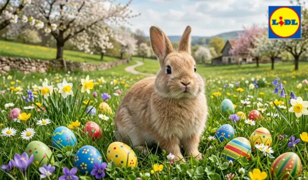 Lidl Osterüberraschung 2026: ein flauschiger Hase auf einer Frühlingswiese, umgeben von Ostereiern, im Hintergrund Bäume
