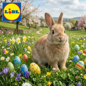 Lidl Osterüberraschung 2026: ein Hase umgeben von bunten Ostereiern auf einer bunten Frühlingswiese