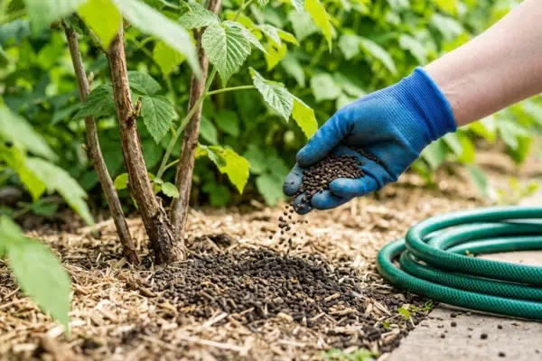 Himbeeren Anbau: Himbeeren bei der Düngung im Beet