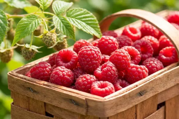 Himbeeren pflanzen: ein Korb voller Himbeeren nach der Ernte