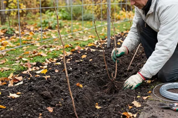 Himbeeren pflanzen Tiefe - ein Mann pflanzt Himbeeren in ein Beet