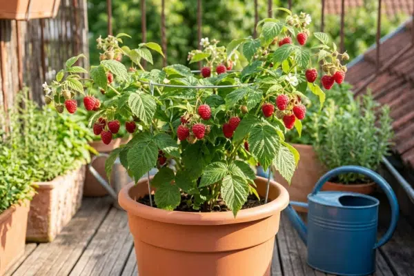 Himbeeren pflanzen im Topf: eine Pflanze mit reifen Früchten im Topf auf einer Terrasse
