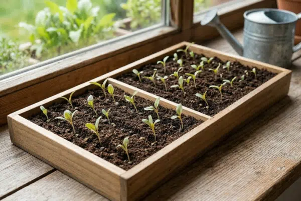 Mangold vorziehen: Junge Mangold Keime in einer Schale voll Erde auf der Fensterbank, daneben eine kleine Metall-Gießkanne