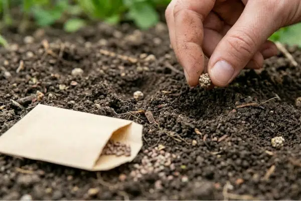 Mangold Anzucht: eine Hand legt Mangold Samen in lockere Erde, daneben ein Papiertütchen mit Samen