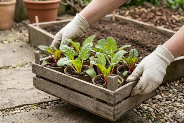 Mangold Anzucht: Junge Mangoldpflänzchen in Töpfen in einer Holzkiste neben einem Beet, kurz vor dem Einpflanzen