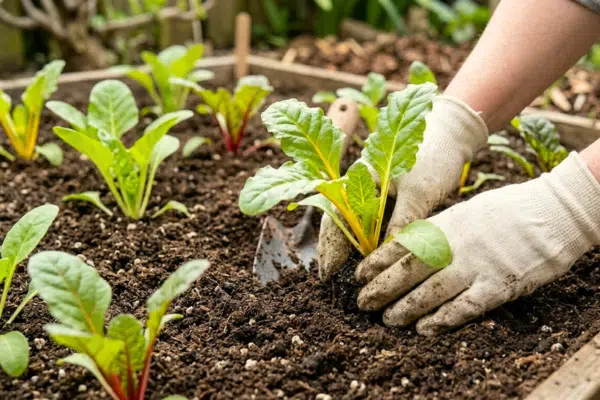 Mangold ziehen: ein Beet im Garten, mehrere Mangold Pflanzen in der Erde - eine Pflanze im Vordergrund wird gerade in die Erde gesetzt