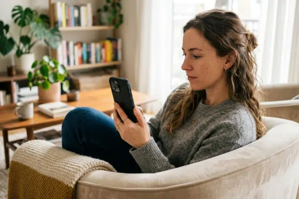 Neuer SCHUFA-Score: eine Frau in einem Sessel beim Blick auf ihr Handy
