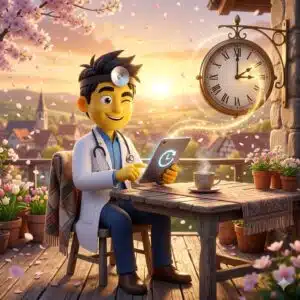 Zeitumstellung 2026: ein Mann bei Sonnernaufgang auf der Terrasse, neben ihm eine Uhr, bei der die Uhrzeit von 2 Uhr auf 3 Uhr springt