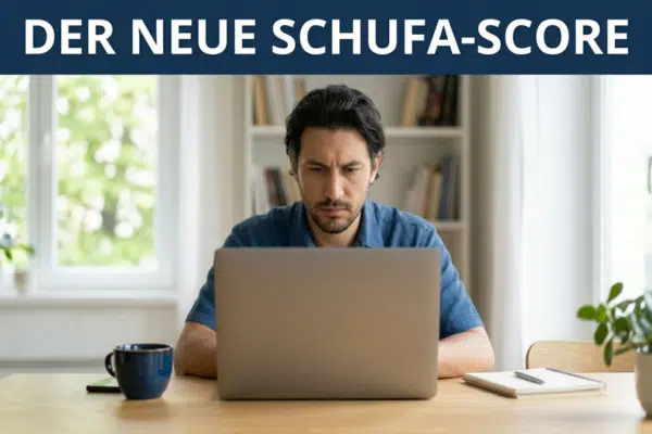 Der neue SCHUFA-Score erklärt: Ein Mann sitzt am Schreibtisch vor einem Laptop und betrachtet den Bildschirm