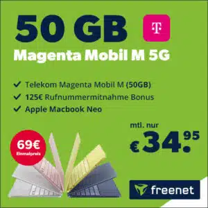 Quadratisches Werbebild von freenet vom 50GB Magenta Mobil M 5G Tarif für 34,95€ mit einem Macbook Neo für 69€