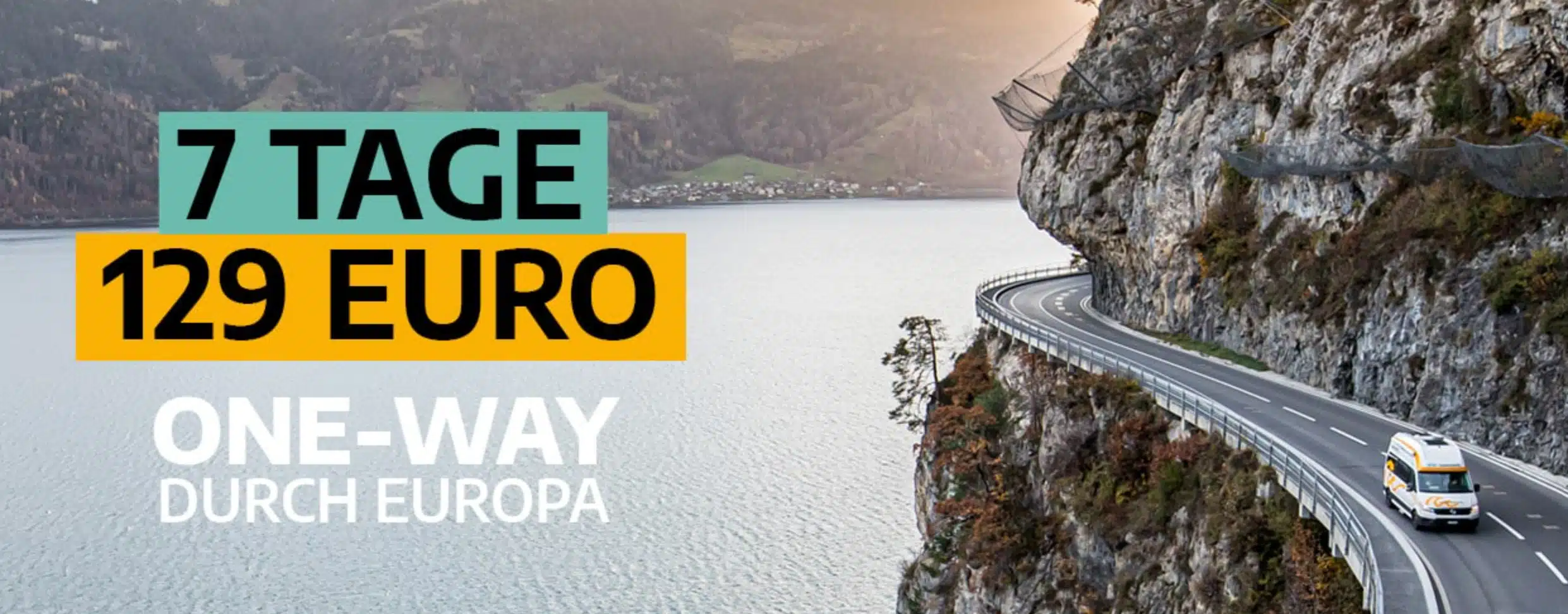 Werbegrafik mit einem Camper an einer Straße über einem Fluss, 7 Tage 129€ One-Way