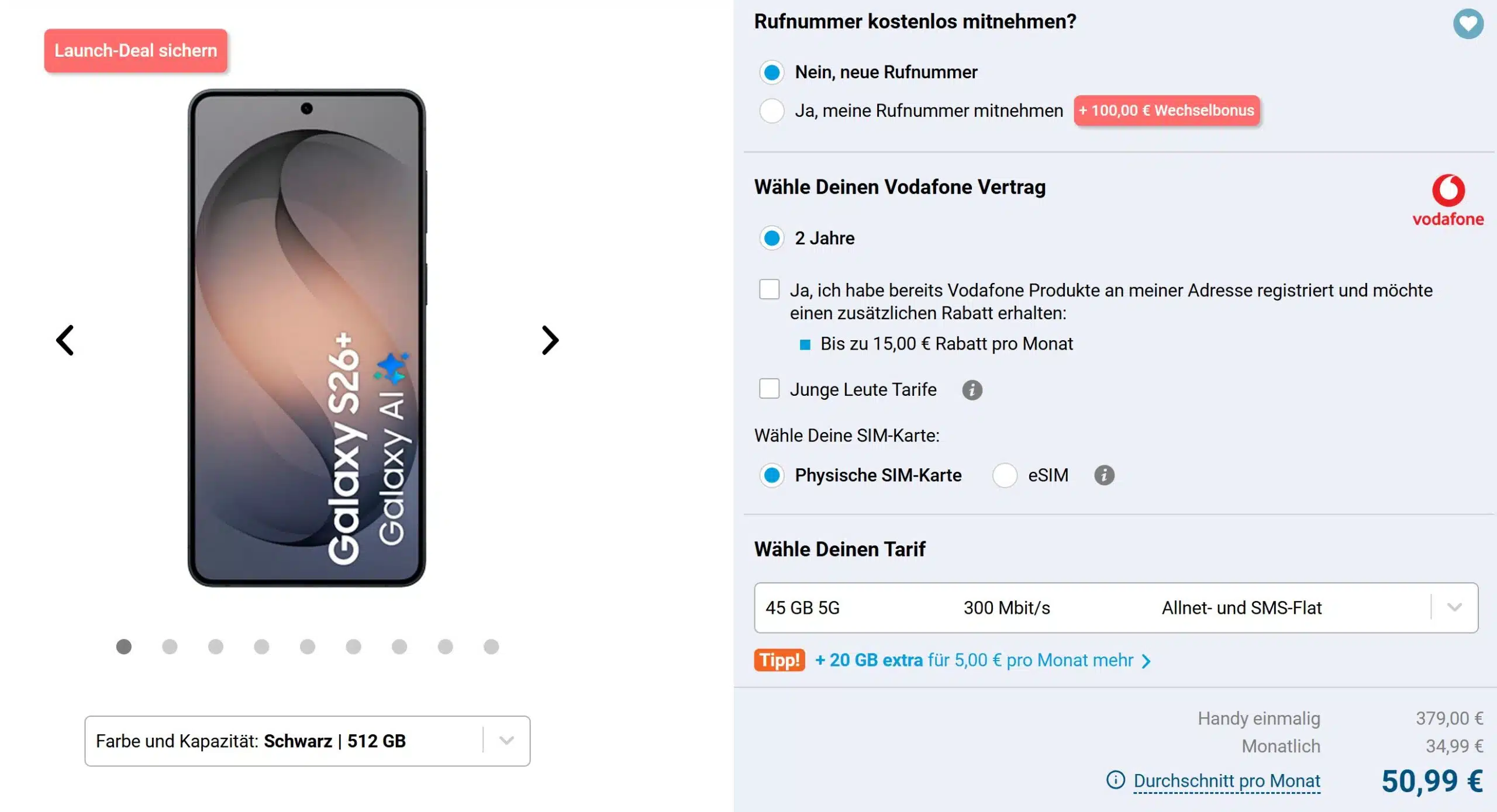 Tarifangebot von Gomibo: Galaxy S26 Plus mit Vodafone Smart Lite Tarif