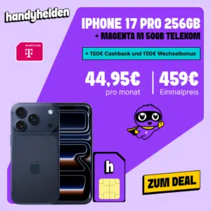 Thumbnail Preis-Leistungs-Champ 👑 Apple iPhone 17 Pro (256GB) für 459€ + 50GB LTE/5G Allnet für 44,95€ mtl. + 150€ Wechselbonus + 150€ Cashback (freenet Telekom)